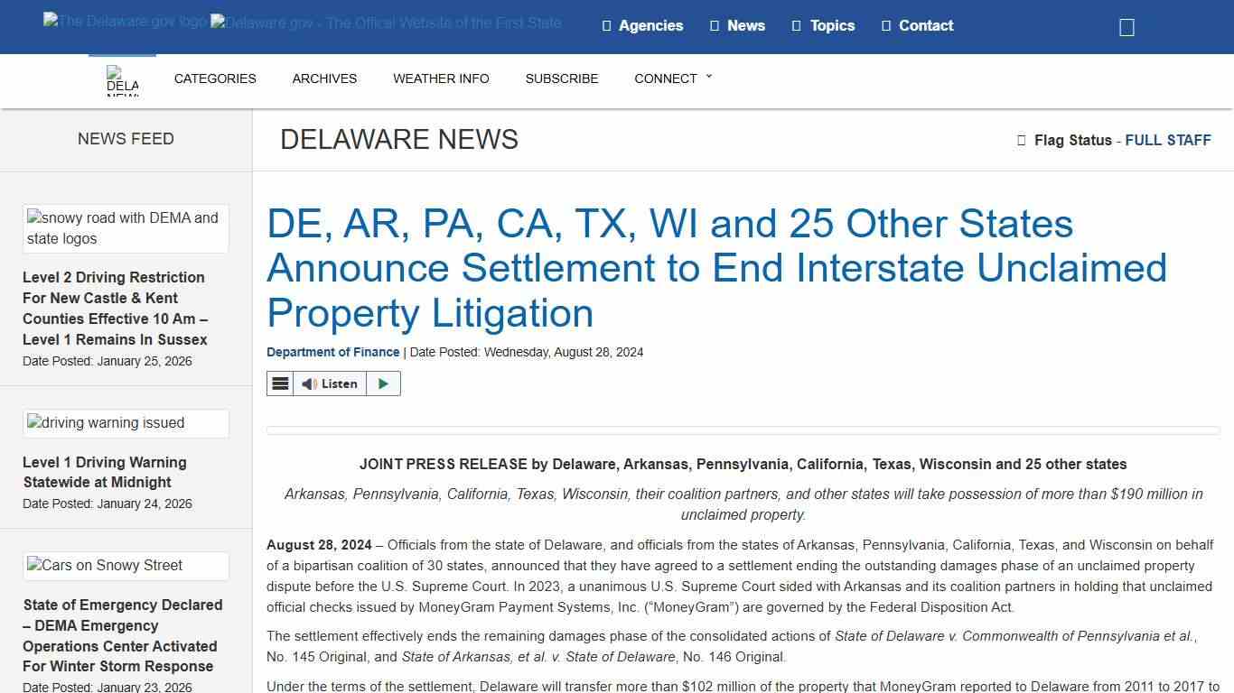DE, AR, PA, CA, TX, WI and 25 Other States Announce Settlement to End Interstate Unclaimed Property Litigation - State of Delaware News